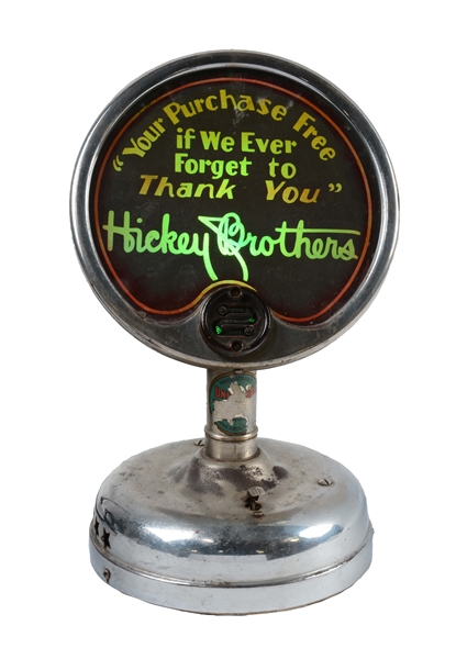 HICKEY BROTHERS THANKS YOU UNIVERSAL ILLUMINATED COUNTER TOP W/ CIGAR LIGHTER SIGN.