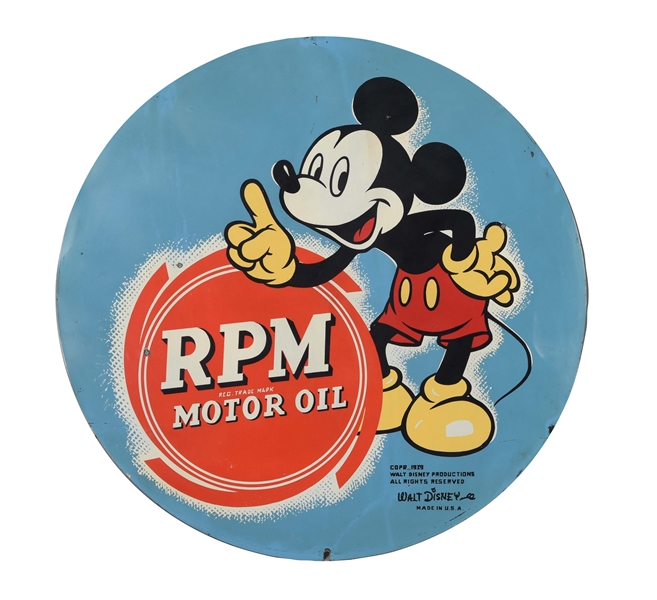RPM MOTOR OIL TIN SIGN WITH MICKEY MOUSE GRAPHIC.