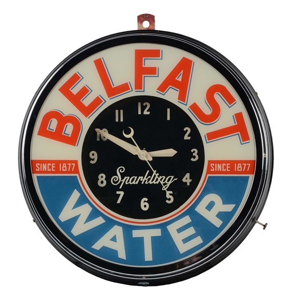 BELFAST WATER REVERSE ON GLASS SINCE 1877 NEON CLOCK.