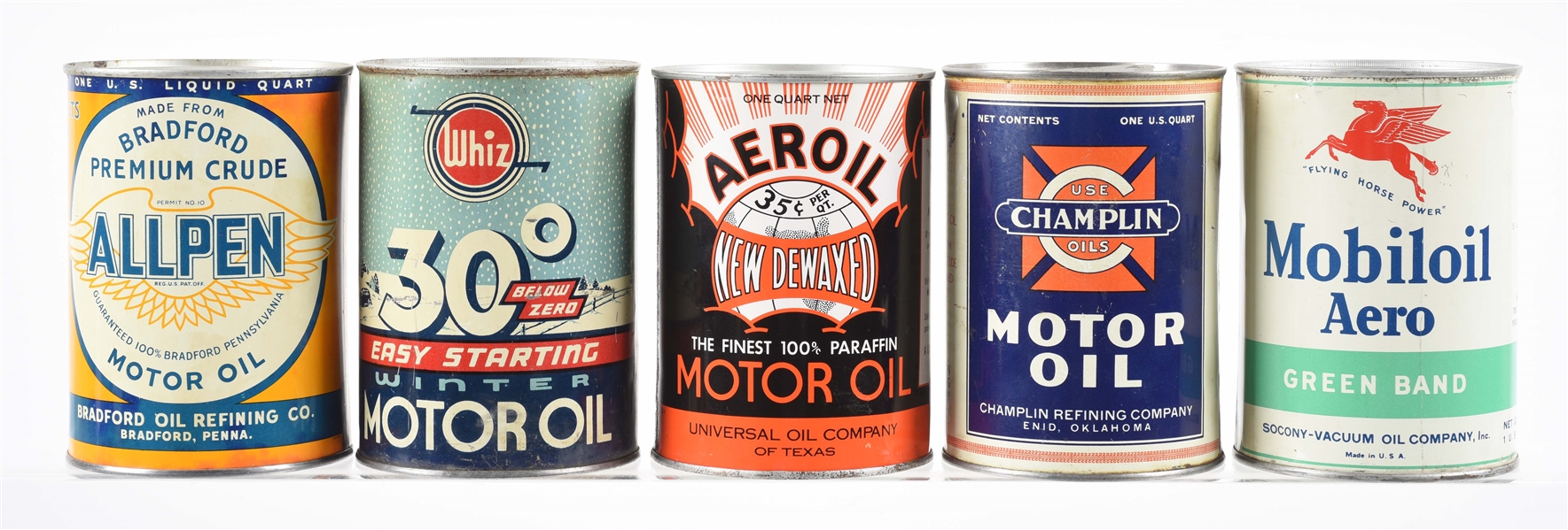 LOT OF 5: ONE QUART MOTOR OIL CANS.