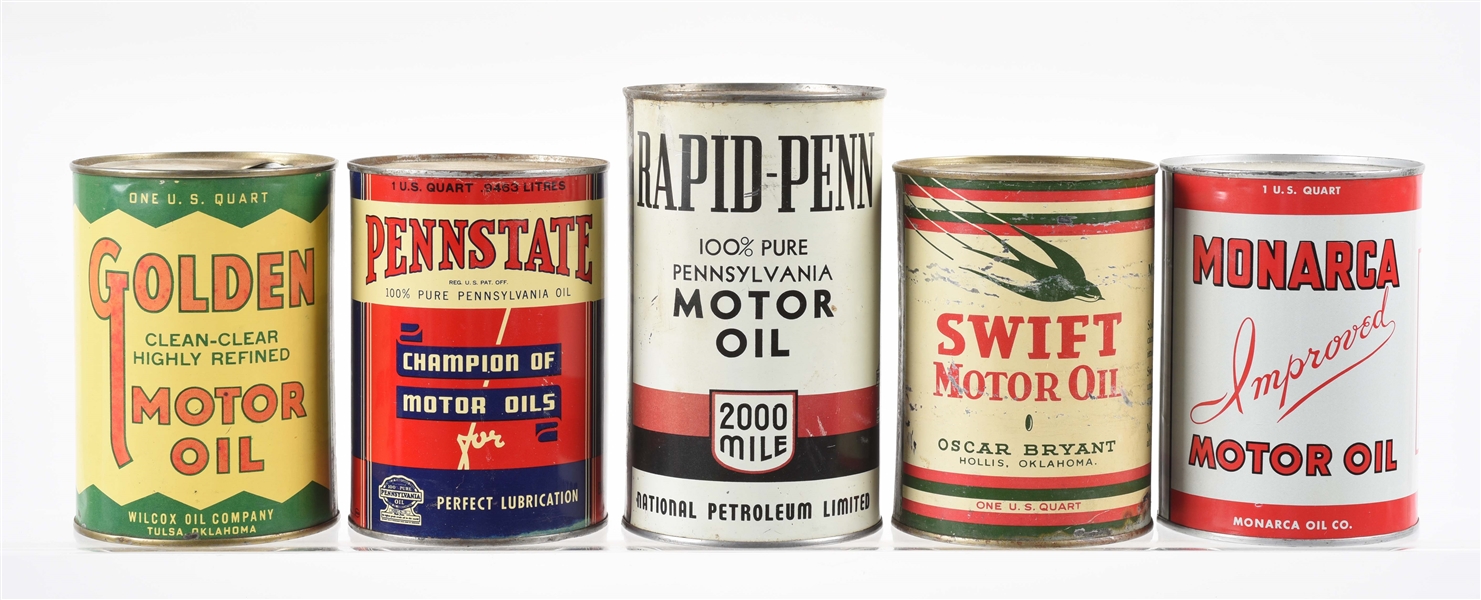 LOT OF 5: ONE QUART MOTOR OIL CANS. 