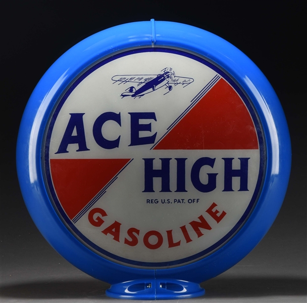 ACE HIGH GASOLINE WITH AIRPLANE GRAPHIC 13-1/2" SINGLE GLOBE LENS ON CAPCO BODY. 