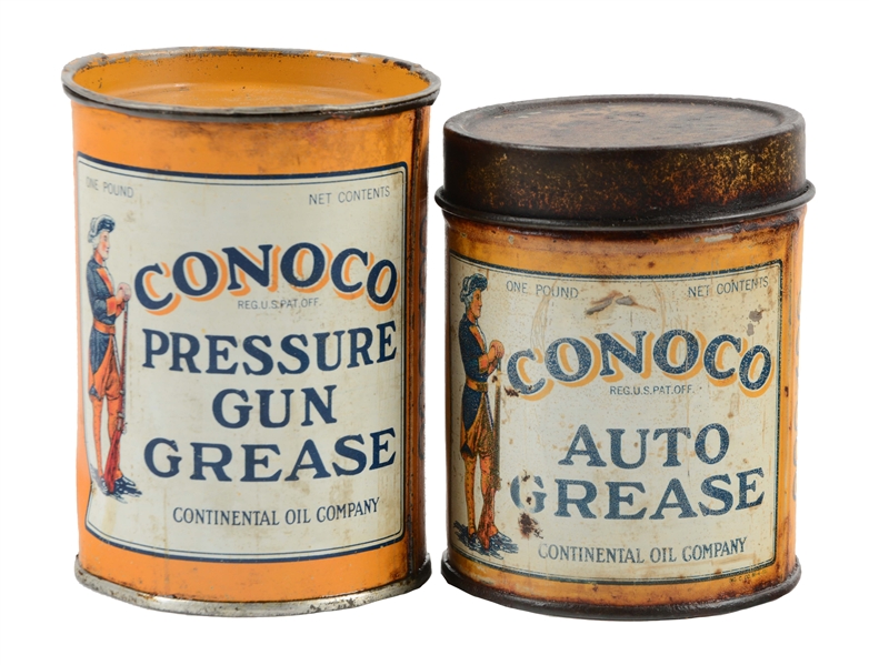 LOT OF 2: CONOCO AUTO & PRESSURE GUN GREASE CANS WITH MINUTEMAN GRAPHIC.