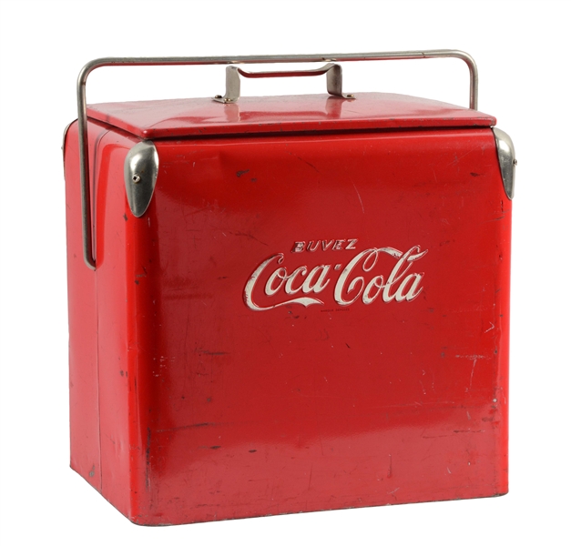 COCA-COLA METAL CARRYING COOLER WITH EMBOSSED LETTERING.
