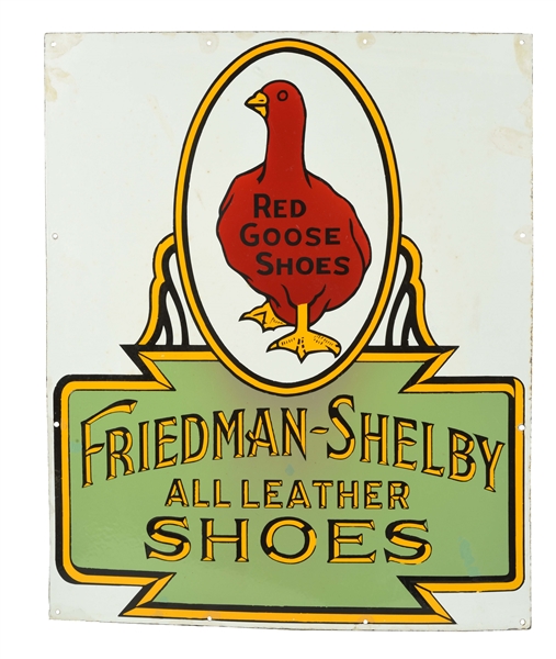 RED GOOSE SHOES PORCELAIN SIGN WITH GOOSE GRAPHIC. 