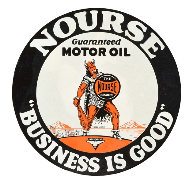 NOURSE MOTOR OILS PORCELAIN CURB SIGN WITH VIKING GRAPHIC. 