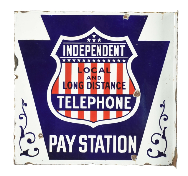 INDEPENDENT LOCAL & LONG DISTANCE TELEPHONE PAY STATION PORCELAIN FLANGE SIGN. 
