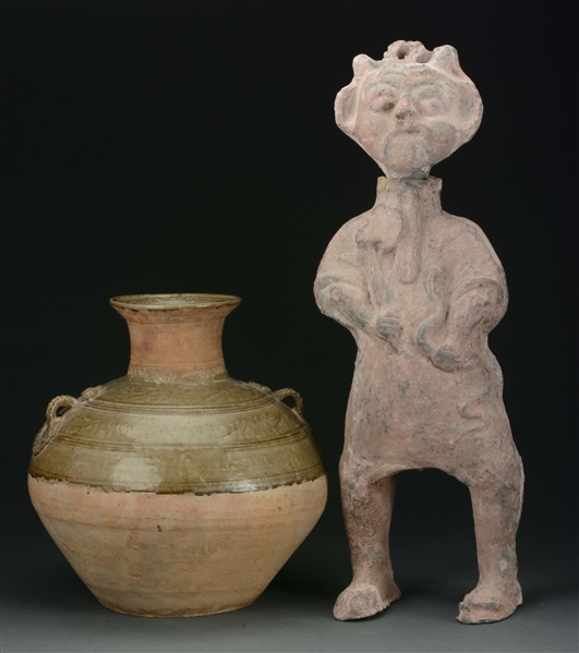 LOT OF 2: HAN STYLE GLAZED POTTERY JAR TOGETHER WITH HAN POTTERY STANDING FIGURE.