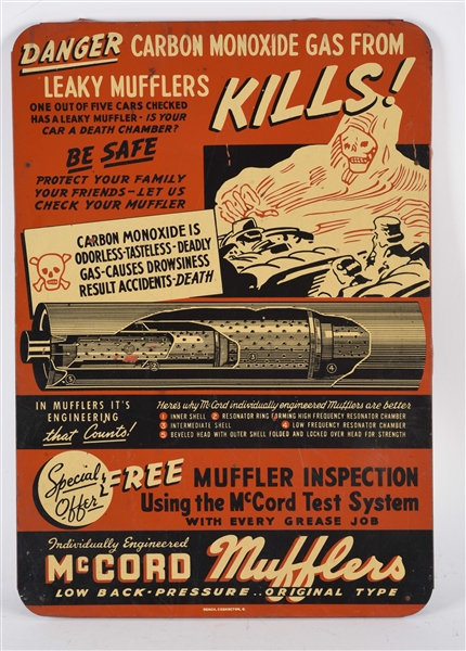 MCCORD MUFFLERS TIN SIGN WITH EASEL BACK & EXCELLENT GRAPHIC. 