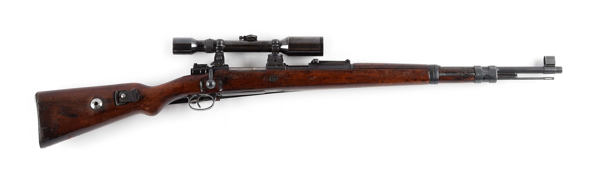 (C) MAUSER SNIPER BOLT ACTION RIFLE WITH SCOPE.