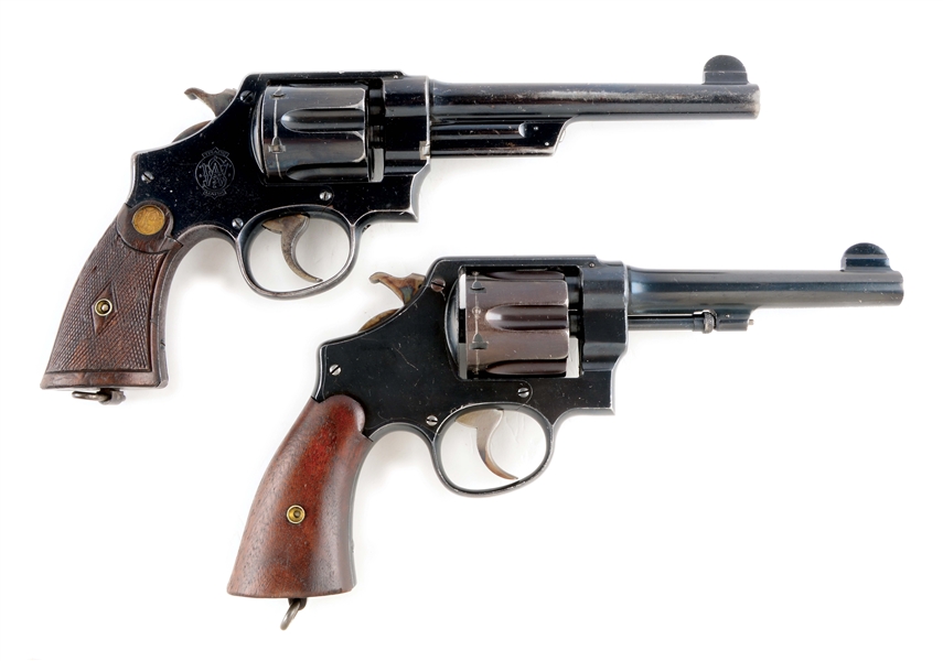 (C) LOT OF 2: PRE-WAR N FRAME BRITISH STAMPED SMITH & WESSON DOUBLE ACTION REVOLVERS.