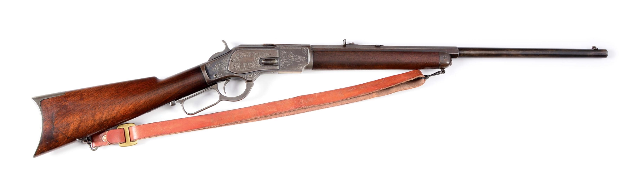 (A) ENGRAVED WINCHESTER MODEL 1873 LEVER ACTION RIFLE (1885).