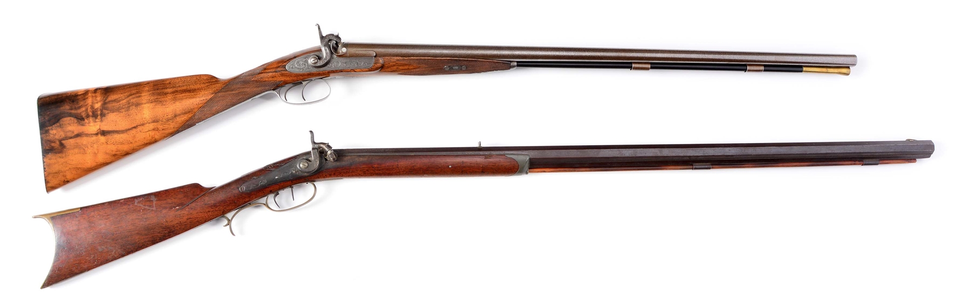 (A) LOT OF 2: SIDE BY SIDE PERCUSSION SHOTGUN BY GREENER AND PERCUSSION RIFLE BY A.J. JONES.
