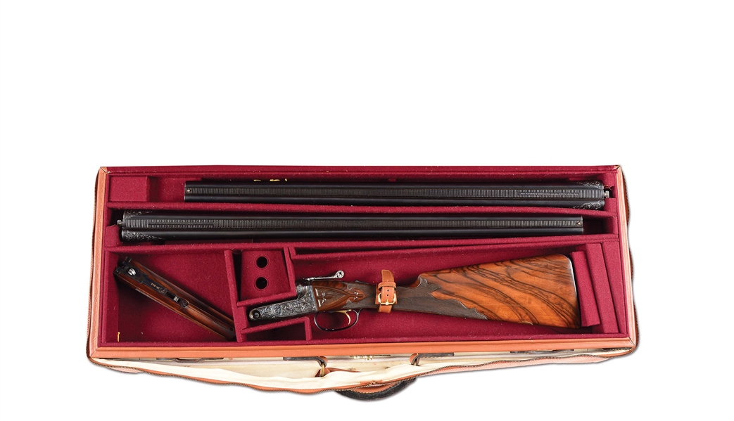 (M) SCARCE PARKER REPRODUCTION A1 SPECIAL 4 BARREL SMALL GAUGE SET WITH EXCEPTIONAL SCROLL AND INTERESTING GAME SCENE BY FRANK CONROY AND CASE.