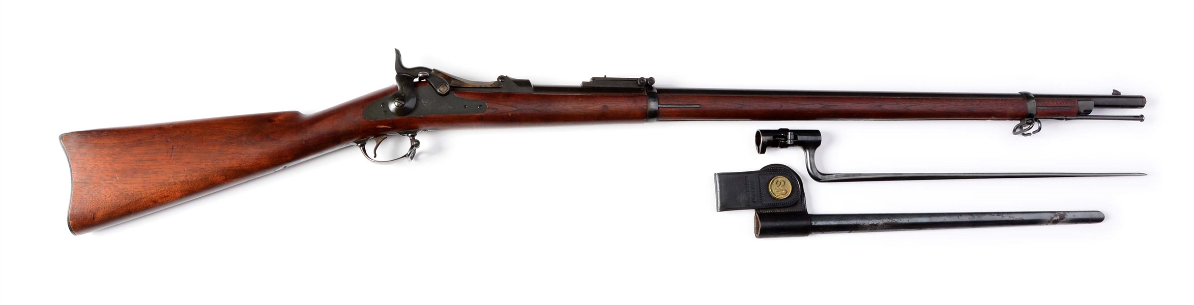 (A) SPRINGFIELD MODEL 1884 PERCUSSION TRAPDOOR RIFLE WITH BAYONET.