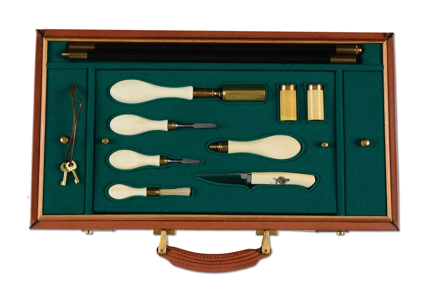 HIGH QUALITY SET OF  IVORY HANDLED GUN TOOLS BY KEN STEGGLES AND KNIFE IN OAK AND LEATHER CASE. 