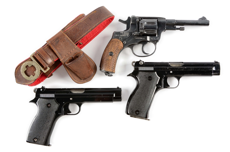 (C)  COLLECTORS GROUP OF 2  FRENCH MODEL 1935 PISTOLS AND RUSSIAN 1895 NAGANT REVOLVER WITH HOLSTERS AND BELT