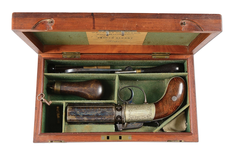 (A) CASED EXQUISITE WESTLEY RICHARDS DRAGOON PEPPERBOX REVOLVER.