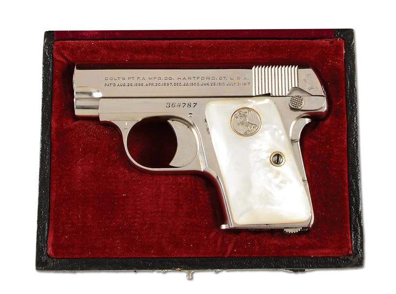 (C) CASED NICKEL COLT MODEL 1908 SEMI-AUTOMATIC POCKET PISTOL WITH PEARL GRIPS (1927).