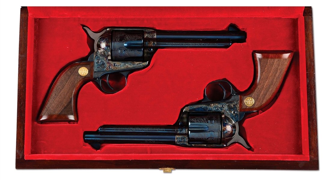 (M) EXQUISITE CASED PAIR OF FACTORY ENGRAVED BERETTA SINGLE ACTION ARMY REVOLVERS.