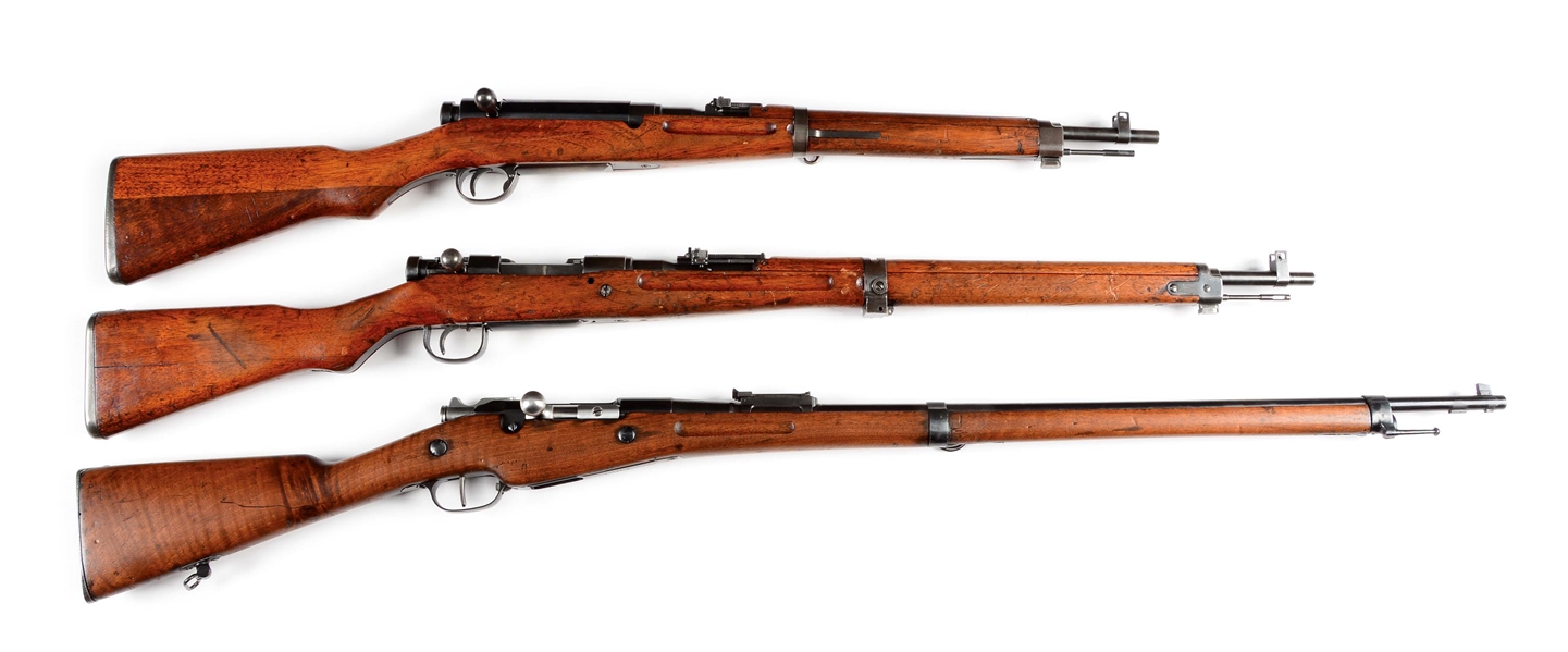 (C) LOT OF 3: 2 JAPANESE BOLT ACTION RIFLES AND 1 FRENCH BERTHIER RIFLE.