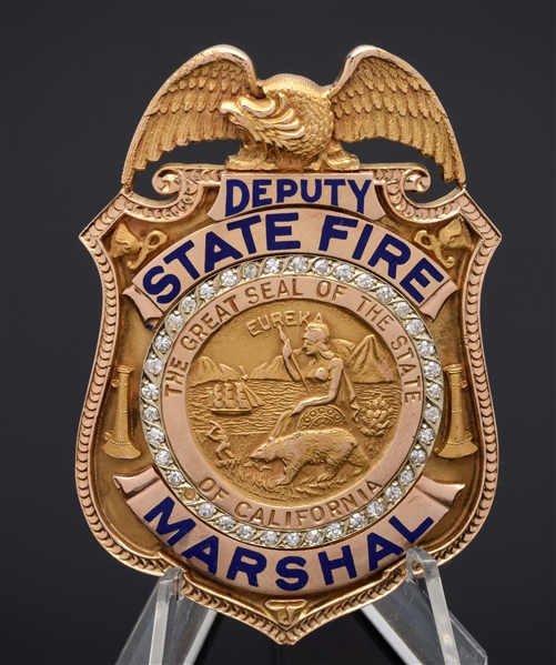 ANTIQUE CALIFORNIA DEPUTY FIRE MARSHAL GOLD & DIAMOND PRESENTATION BADGE.