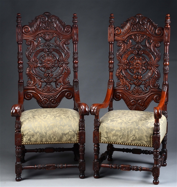 FINE PAIR OF ROCOCO STYLE CARVED MAHOGANY ARMCHAIRS.