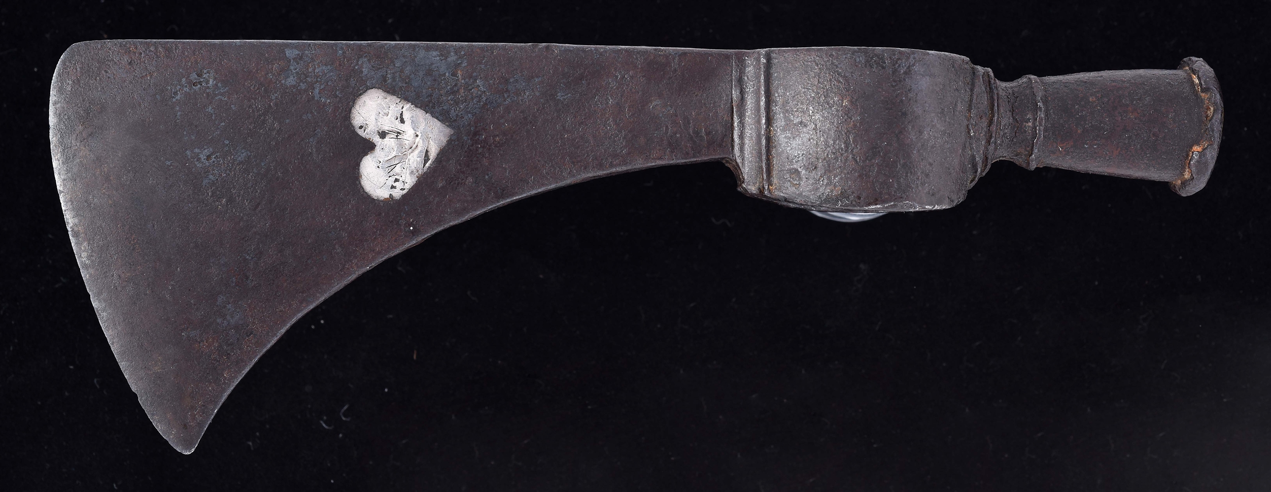 FRENCH AND INDIAN WAR PERIOD TOMAHAWK WITH INSCRIPTION AND SILVER INLAY.