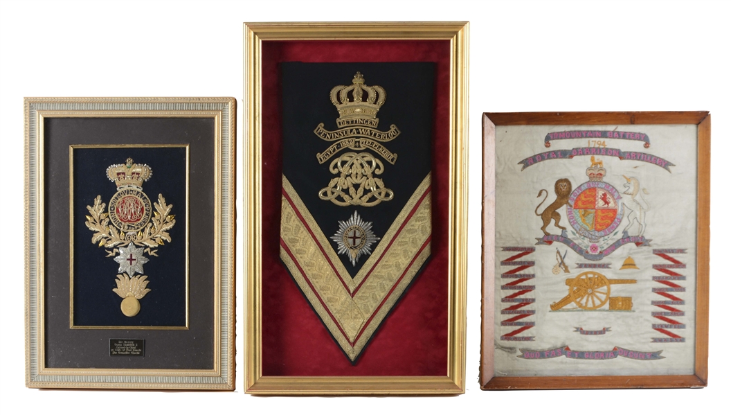 LOT OF 3: BRITISH BULLION CRESTS OF THE BRITISH GRENADIER GUARDS & VICTORIAN ROYAL GARRISON ARTILLERY SILK EMBROIDERY.