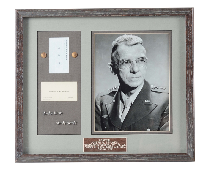 GENERAL JOSEPH W. STILWELL FRAMED PHOTOGRAPH, GENERALS INSIGNIA, AND CALLING CARD.