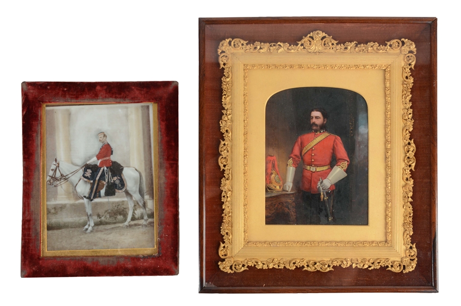 LOT OF 2: VICTORIAN PAINTED PHOTOGRAPH OF BRITISH CAPTAIN CECIL SHEPHERD & GLASS PHOTOGRAPH OF 16TH LANCER OFFICER. 