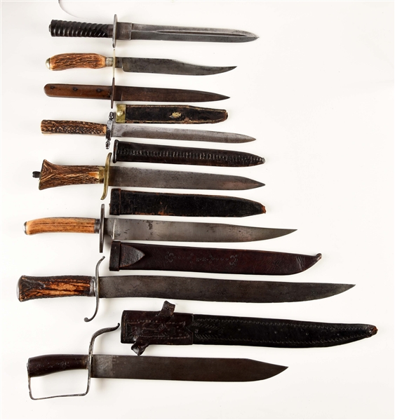 LOT OF 8: LARGE COMPOSITE, CONTEMPORARY AND UNMARKED KNIVES.