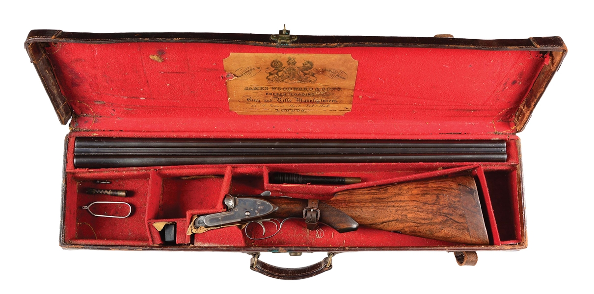 (A) LOVELY OLD "BEST" QUALITY, PLAIN FINISH, JAMES WOODWARD SIDELOCK EJECTOR HEAVY GAME GUN WITH ORIGINAL CASE AND MANY ACCESSORIES (1896). 