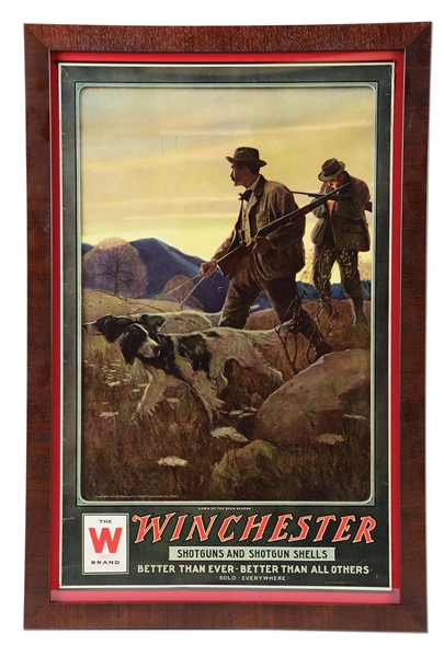 FRAMED 1910 WINCHESTER POSTER WITH BOTH BANDS "DAWN OF THE OPEN SEASON" BY N.C. WYETH.
