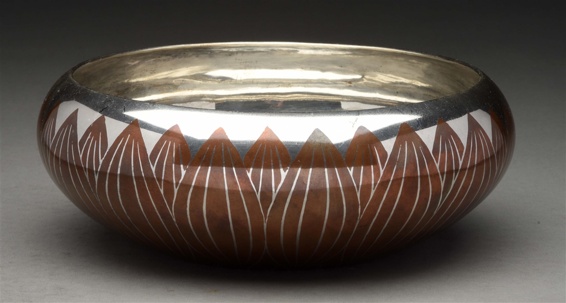 A TIFFANY STERLING AND COPPER INLAY BOWL. 