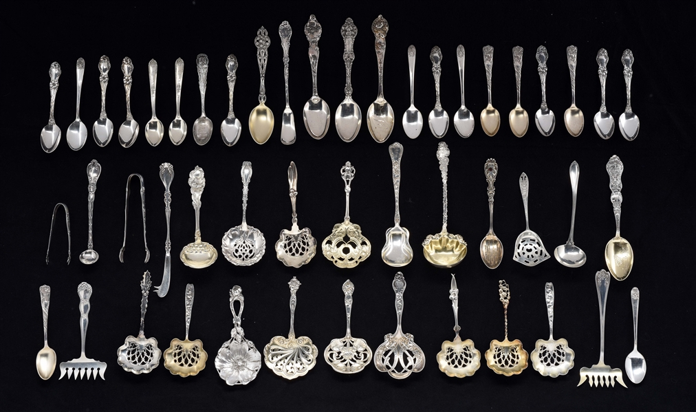 A GROUP OF AMERICAN STERLING BON BON SPOONS & OTHER FLATWARE. 