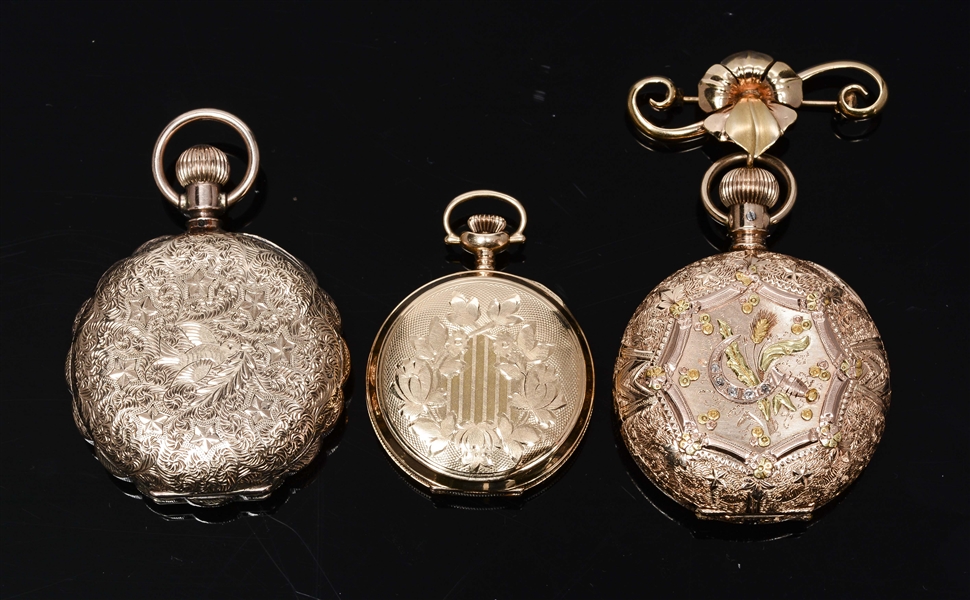 LOT OF 3 GOLD HUNTING CASE POCKET WATCHES.