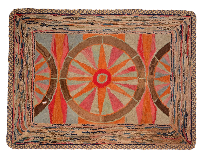 AMERICAN HOOKED RUG OF COMPASS DESIGN.