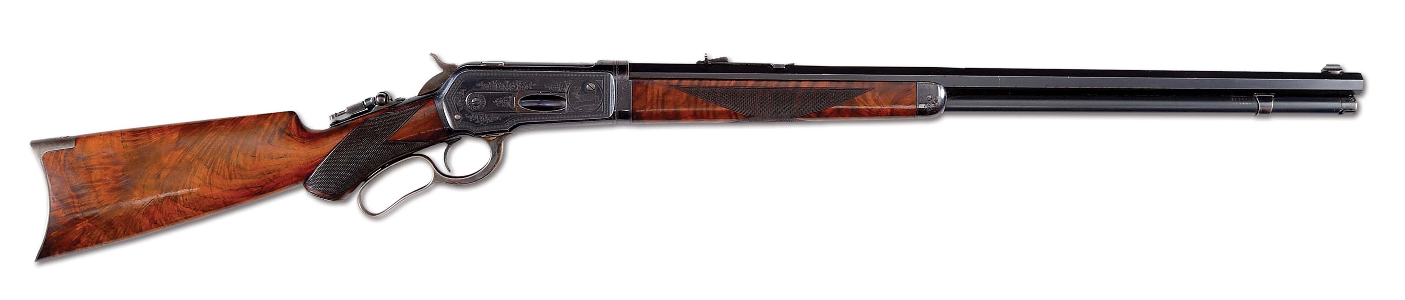 (A) MAGNIFIENT WINCHESTER FACTORY ENGRAVED MODEL 1886 DELUXE RIFLE.