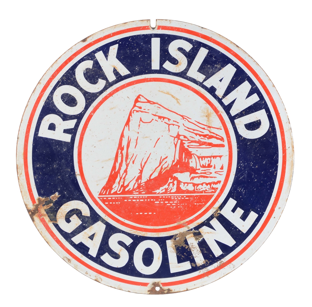 ROCK ISLAND GASOLINE DOUBLE SIDED PORCELAIN SIGN. 
