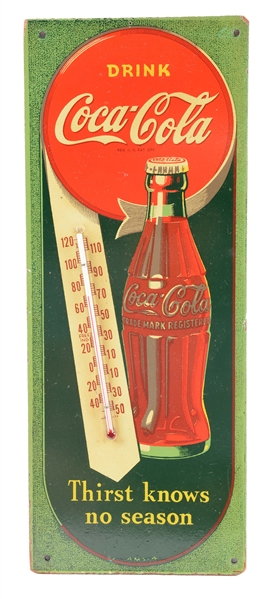 1940S DRINK COCA-COLA MASONITE ADVERTISING THERMOMETER.