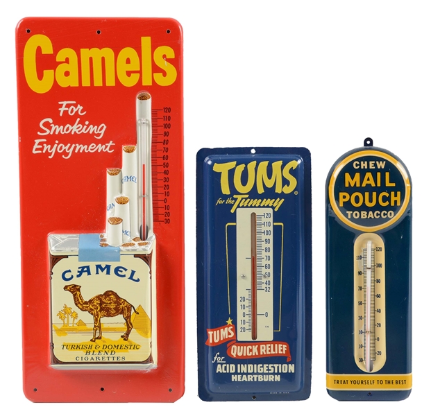 LOT OF 3: MAIL POUCH, TUMS, & CAMELS THERMOMETERS.