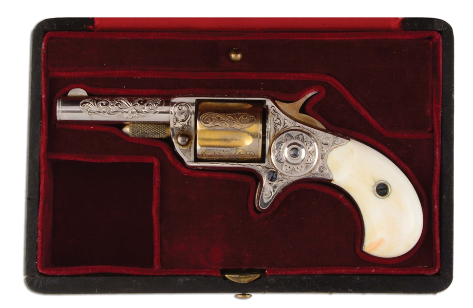 (A) SPLENDID CASED FACTORY ENGRAVED NICKLE AND GILT COLT NEW LINE .30 REVOLVER WITH FACTORY IVORY GRIPS.