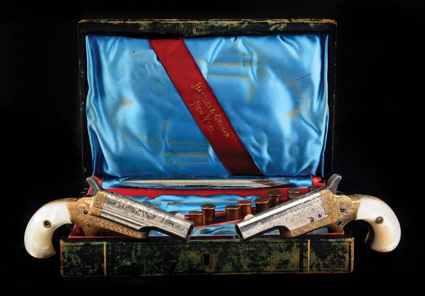 (A) SUPERB & POSSIBLY UNIQUE CASED SET OF FACTORY EXHIBITION ENGRAVED PEARL GRIPPED COLT NO. 3 DERRINGERS IN ORIGINAL HARTLEY & GRAHAM FRENCH FITTED EXHIBITION CASE.