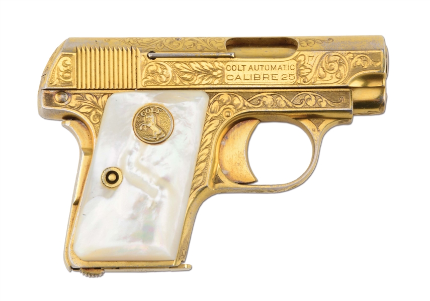 (C) EXTREMELY RARE & UNIQUE CASED FACTORY ENGRAVED GOLD PLATED PEARL GRIPPED COLT MODEL 1908 .25 SEMI-AUTOMATIC PISTOL MADE FOR OSCAR WINNING ACTRESS CLAUDETTE COLBERT (1932).