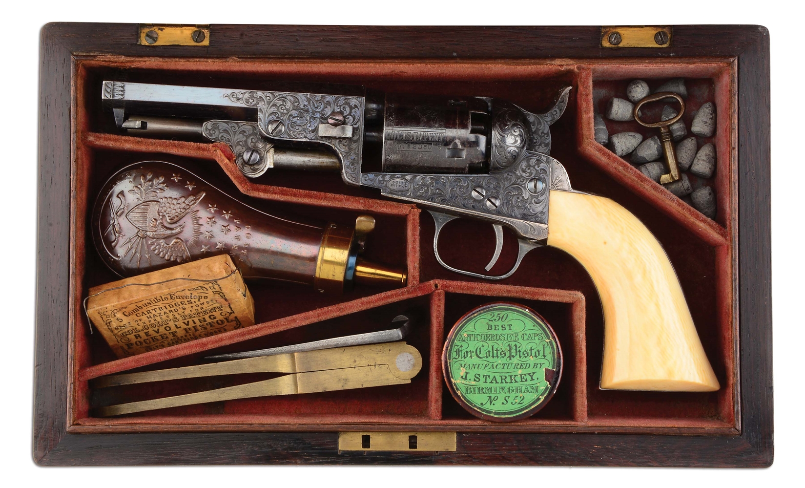 (A) FINE RARE DELUXE CASED & FACTORY ENGRAVED COLT 1849 POCKET REVOLVER 4" BARREL WITH ORIGINAL IVORY GRIPS (1853).