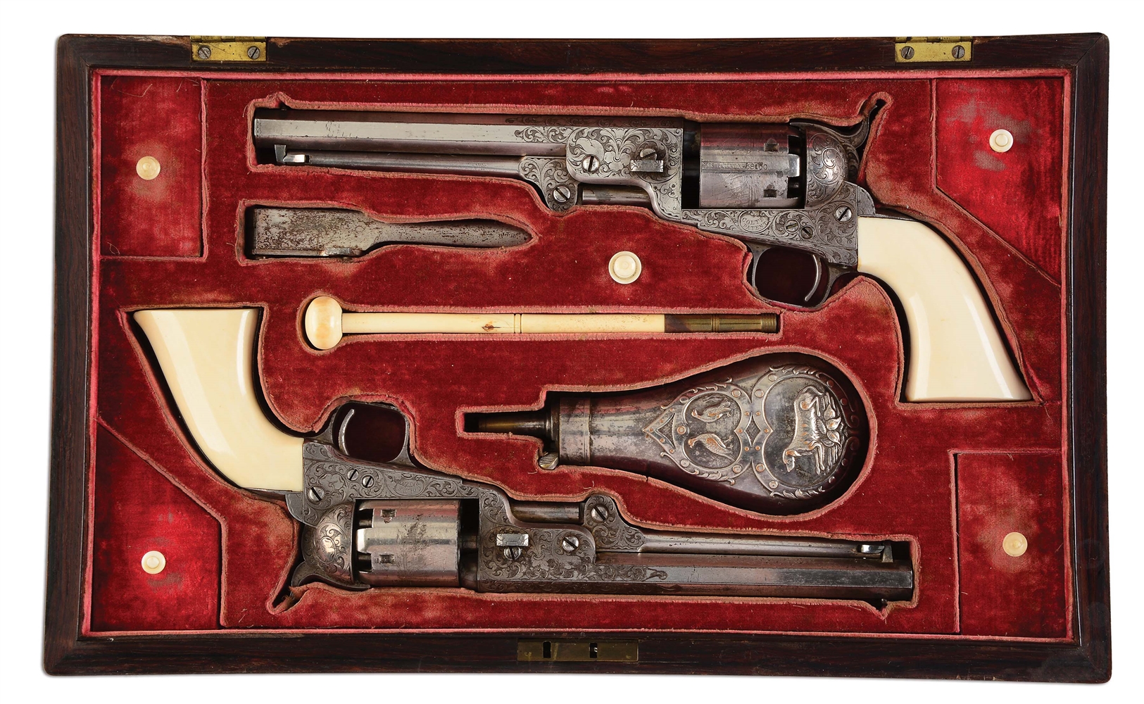(A) FULL SILVER PLATED IVORY GRIP FACTORY ENGRAVED CASED PAIR OF COLT 1851 NAVY REVOLVERS BELONGING TO ROSENDO VELASCO.