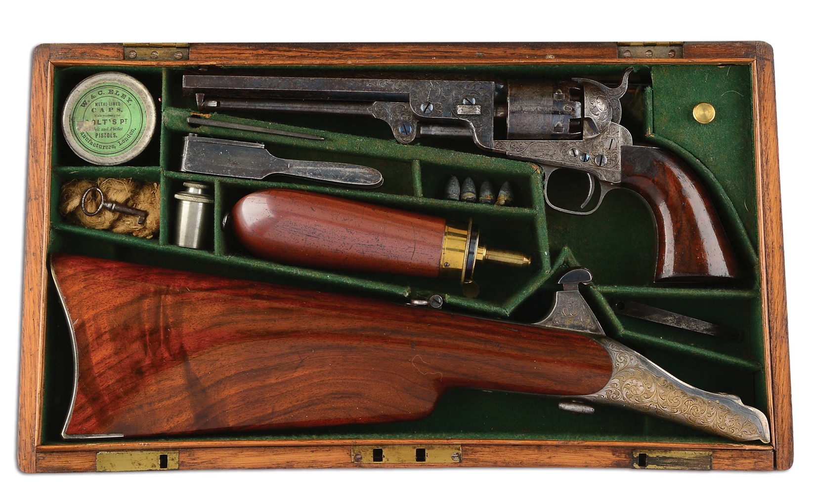 (A) RARE CASED FACTORY ENGRAVED COLT MODEL 1851 NAVY REVOLVER WITH ENGRAVED MATCHING SHOULDER STOCK (CARBINE BREECH) (1859).