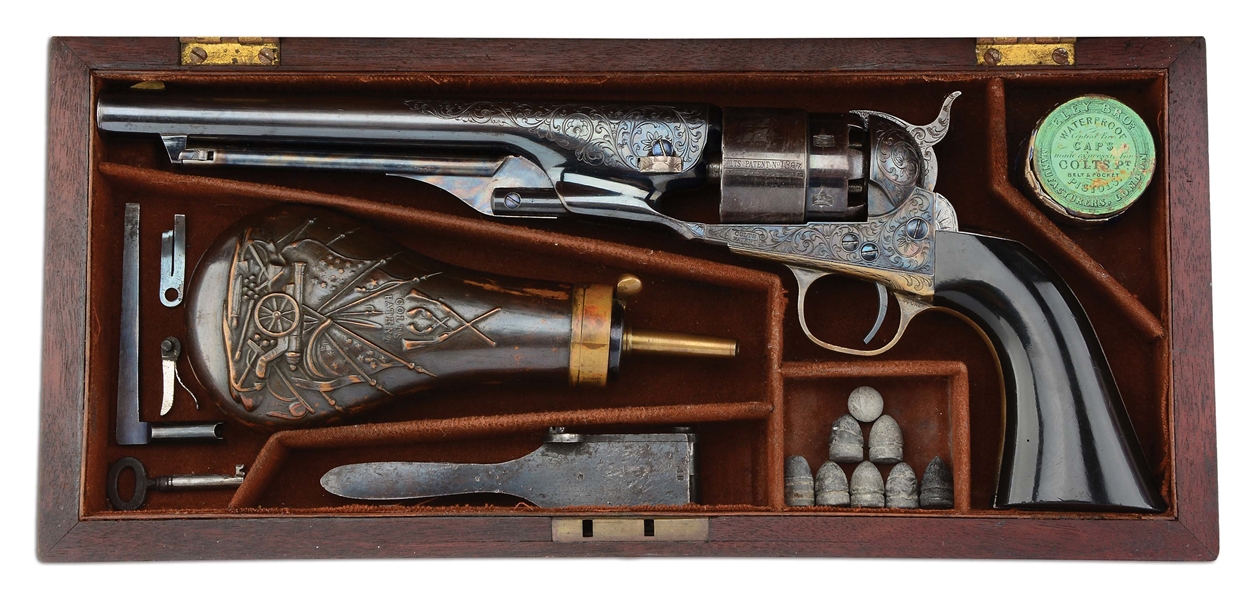 (A) VERY FINE & RARE CASED FACTORY ENGRAVED COLT 1860 ARMY .44 WITH COLT FACTORY EBONY GRIPS (1864).