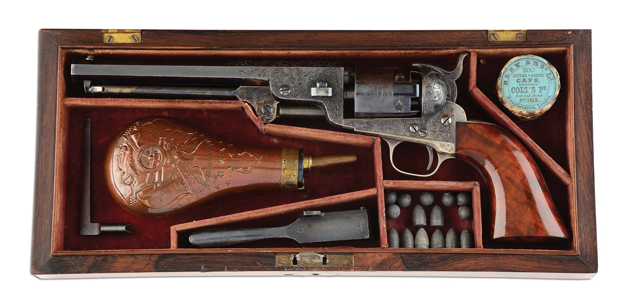 (A) CASED & ENGRAVED COLT 1851 NAVY WITH BURL GRIPS (1857).